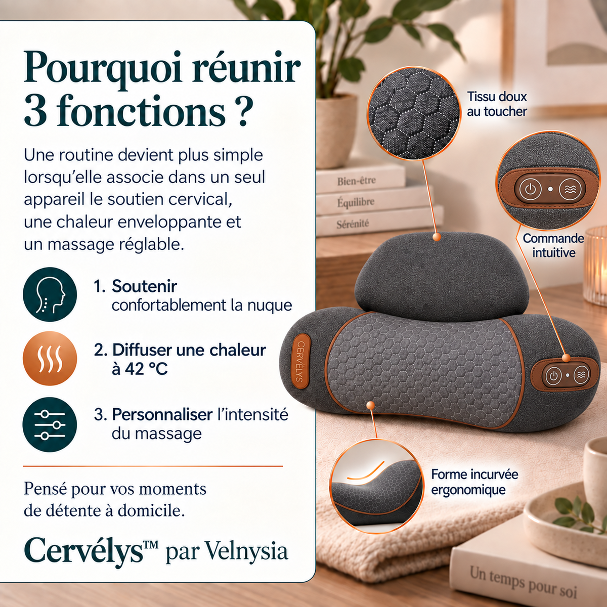 Les trois fonctions de Cervélys : soutien, chaleur et massage